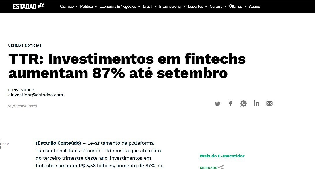 TTR: Investimentos em fintechs aumentam 87% at setembro